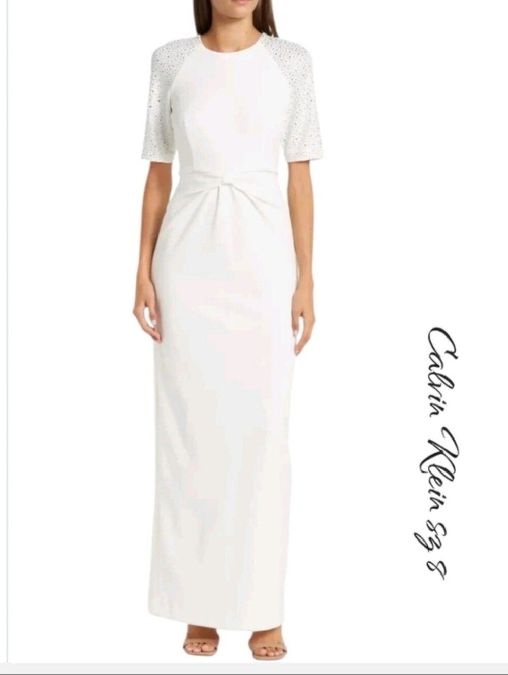 NWT Calvin Klein White Embellished Sleeve Gown Maxi Dress 8